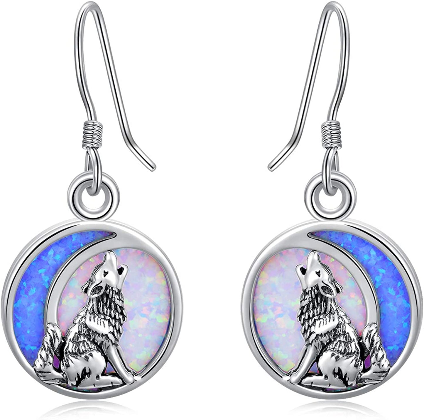 POPKIMI Christmas Gifts Dangle Earrings Frog/Wolf/Dragonfly/Dog Cat Pet Paw Print/Hummingbird /Sea Turtle/Sloth Dangle Drop Hook Earrings Opal Crystal Sterling Silver Cute Animal Dangle Earrings Animal Jewelry Birthday Christmas Gift Apparel & Accessories > Jewelry > Earrings POPKIMI Wolf Opal Moon