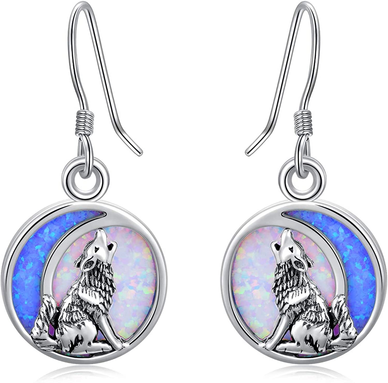 POPKIMI Christmas Gifts Dangle Earrings Frog/Wolf/Dragonfly/Dog Cat Pet Paw Print/Hummingbird /Sea Turtle/Sloth Dangle Drop Hook Earrings Opal Crystal Sterling Silver Cute Animal Dangle Earrings Animal Jewelry Birthday Christmas Gift Apparel & Accessories > Jewelry > Earrings POPKIMI Wolf Opal Moon