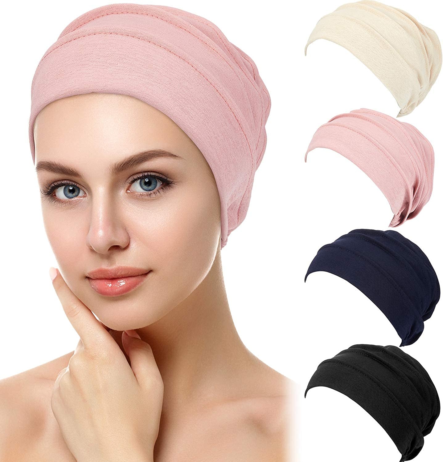 Syhood 4 Pieces Slouchy Beanies Hats Soft Cotton Sleep Cap Stretchy Sleeping Cap Headwear for Women Apparel & Accessories > Clothing Accessories > Headwear Syhood Black, Navy, Pink, Beige