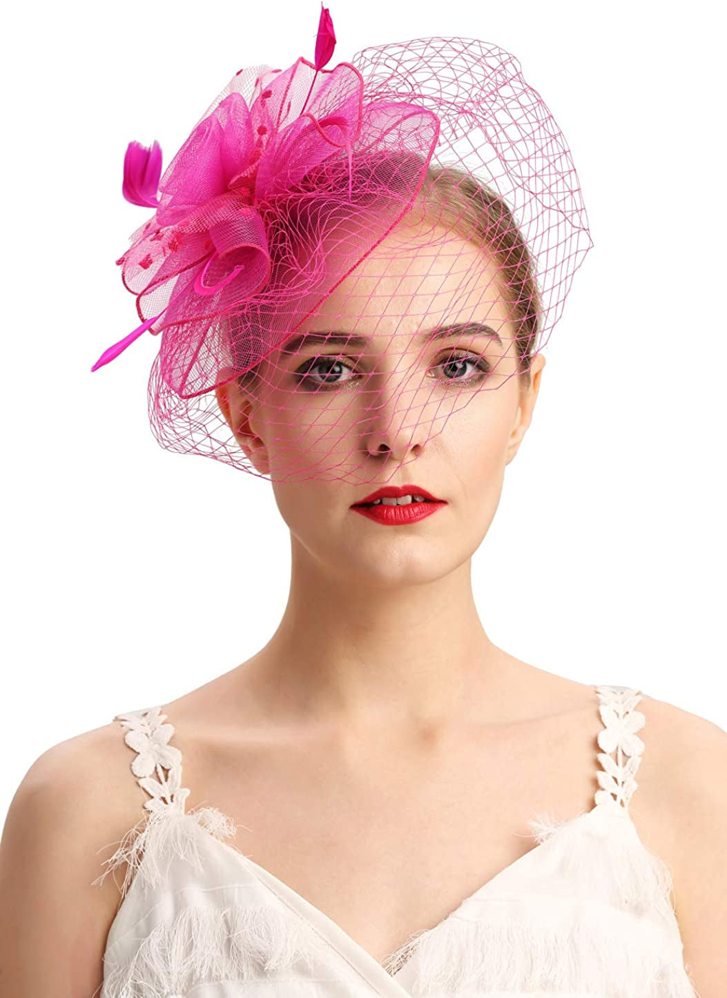 Fascinators Hats 20S 50S Hat Pillbox Hat Cocktail Tea Party Headwear with Veil for Girls and Women Apparel & Accessories > Clothing Accessories > Headwear Cizoe D-fushia