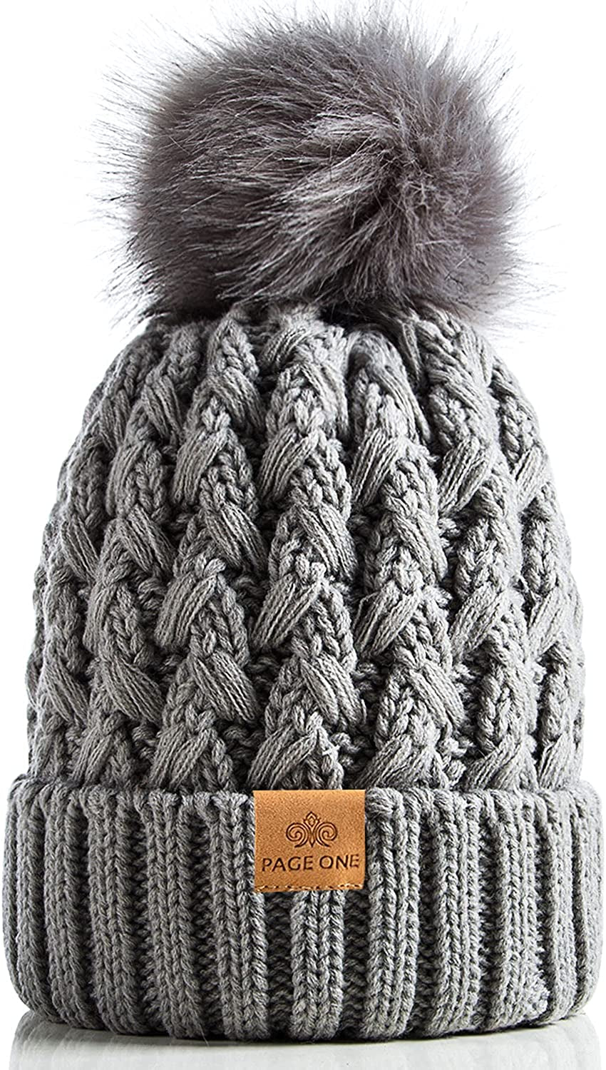 PAGE ONE Womens Winter Ribbed Beanie Crossed Cap Chunky Cable Knit Pompom Soft Warm Hat Apparel & Accessories > Clothing Accessories > Hats PAGE ONE Light Gray