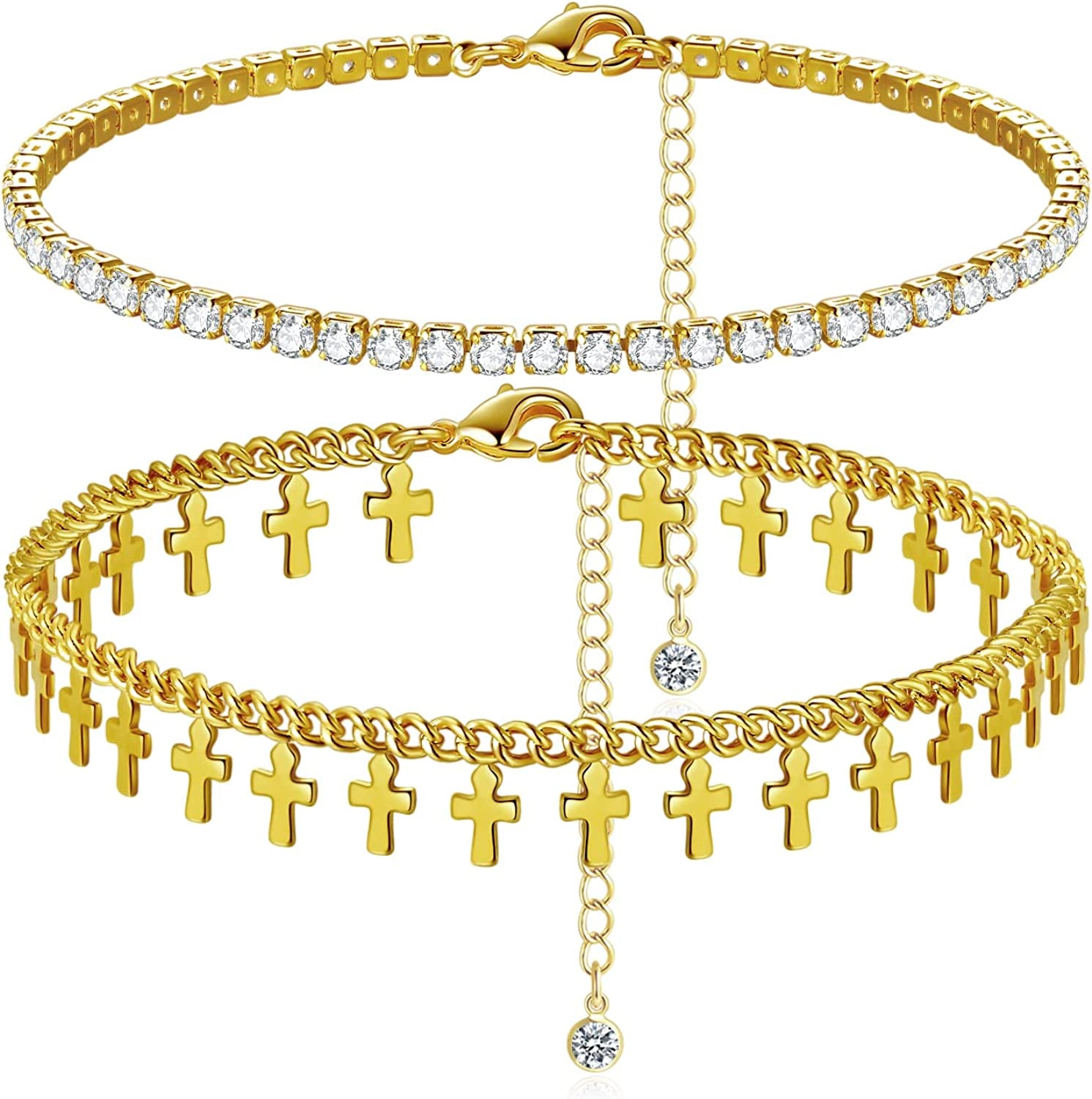 Luxval Ankle Bracelets for Women, Tennis Chain Butterfly Anklets for Women 14K Gold Bead Link Foot Jewelry CZ Stones Anklet Bracelets for BFF Gift Apparel & Accessories > Jewelry > Anklets Luxval 2Pcs-CZ-Cross