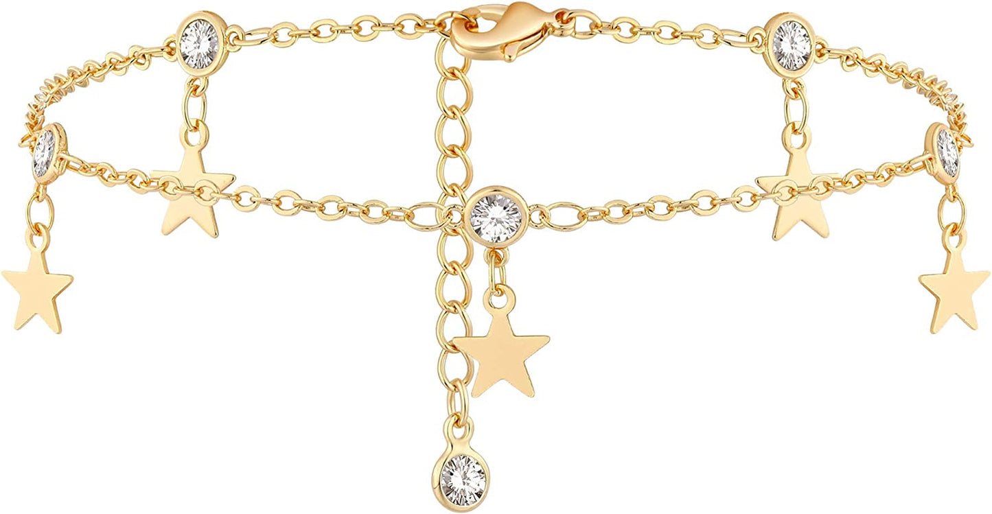 Gold Dainty Anklet,14K Gold Plated Boho CZ Star Beach Cute Pig Nose Tassel Disc Foot Chain Ankle Bracelet Lace Chain Anklet for Women… Apparel & Accessories > Jewelry > Anklets Mevecco CZ Star