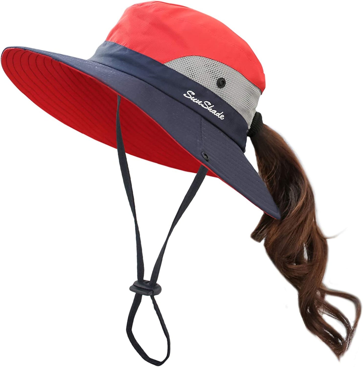 Muryobao Women'S Ponytail Sun Hat UV Protection Foldable Mesh Wide Brim Beach Fishing Hat Apparel & Accessories > Clothing Accessories > Hats Muryobao Red / Navy