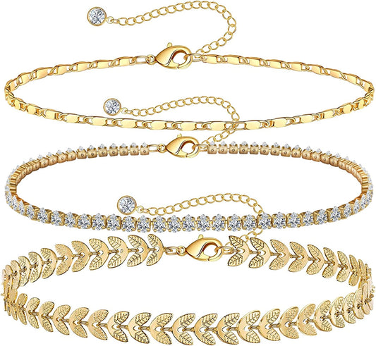 Gold Ankle Bracelets for Women 14K Gold Plated Anklet Silver Tennis Butterfly Star Coin Quartz Bead Snake Paperclip Chain Dainty Layered Anklet Set 3Pcs Jewelry Gifts for Teen Girls Apparel & Accessories > Jewelry > Anklets Vermeyen A-Yellow Gold-Tennis