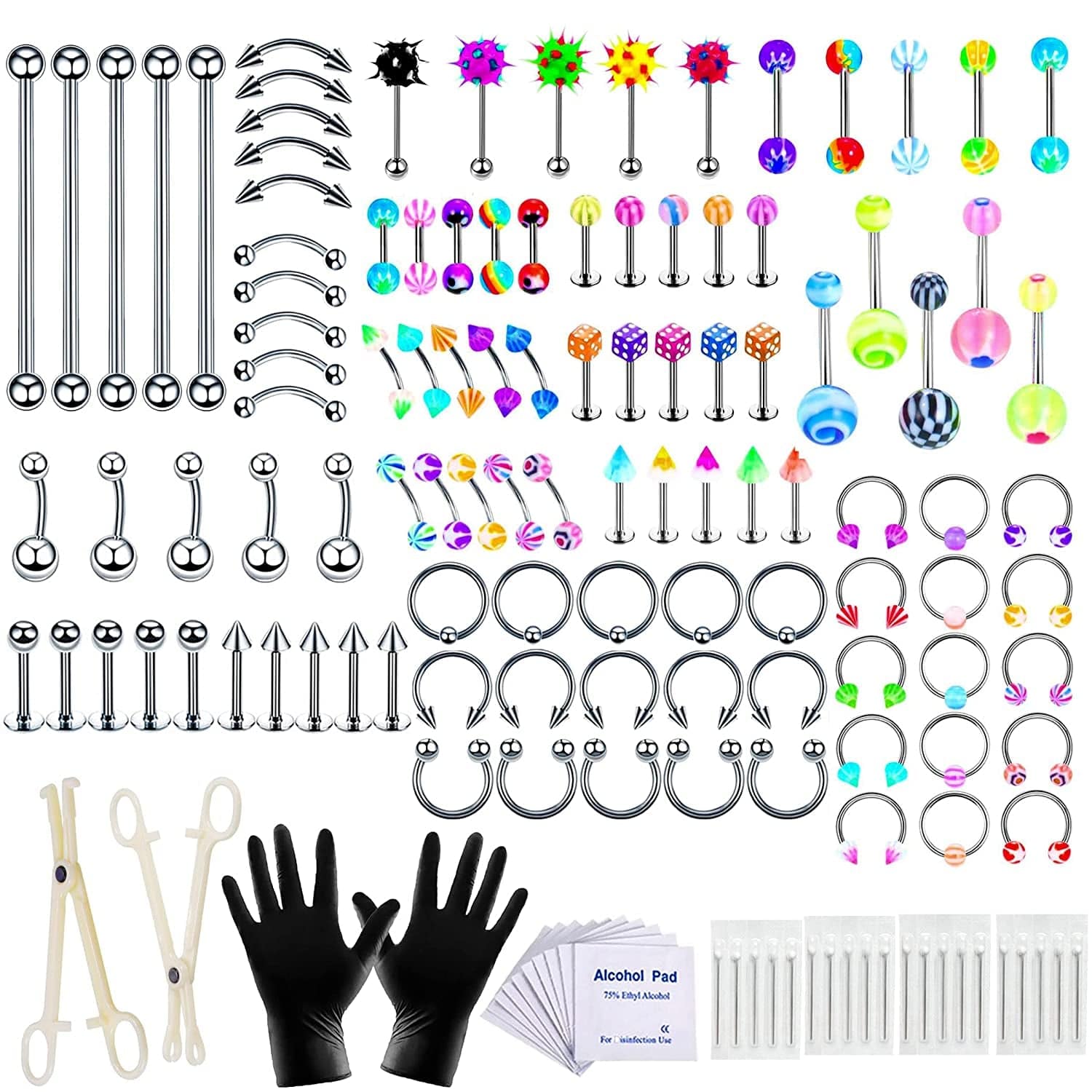 94PCS Mixed-Pack Piercing Kits for All Body Piercings Stainless Steel 14G 16G 20G Jewelry and Piercing Needle with Piercing Tools 10Pcs Alcohol Pad for Nose Septum Lip Ear Belly Button Cartilage Tragus Apparel & Accessories > Jewelry > Body Jewelry Tustrion 140PCS