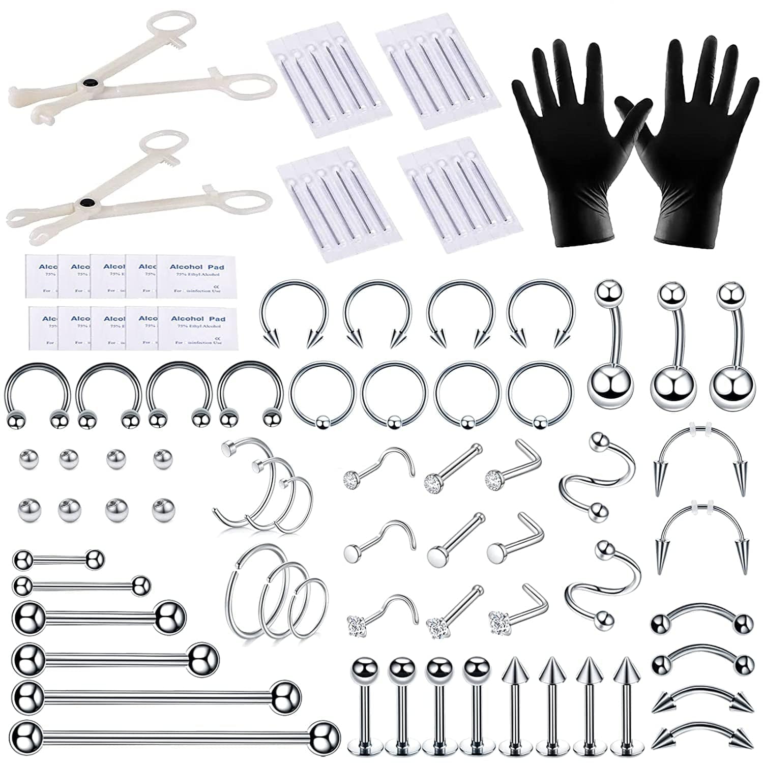94PCS Mixed-Pack Piercing Kits for All Body Piercings Stainless Steel 14G 16G 20G Jewelry and Piercing Needle with Piercing Tools 10Pcs Alcohol Pad for Nose Septum Lip Ear Belly Button Cartilage Tragus Apparel & Accessories > Jewelry > Body Jewelry Tustrion 94PCS