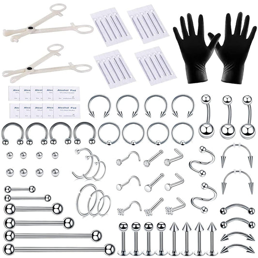 94PCS Mixed-Pack Piercing Kits for All Body Piercings Stainless Steel 14G 16G 20G Jewelry and Piercing Needle with Piercing Tools 10Pcs Alcohol Pad for Nose Septum Lip Ear Belly Button Cartilage Tragus Apparel & Accessories > Jewelry > Body Jewelry Tustrion 94PCS