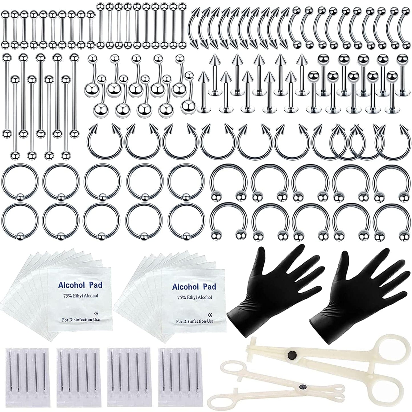 94PCS Mixed-Pack Piercing Kits for All Body Piercings Stainless Steel 14G 16G 20G Jewelry and Piercing Needle with Piercing Tools 10Pcs Alcohol Pad for Nose Septum Lip Ear Belly Button Cartilage Tragus Apparel & Accessories > Jewelry > Body Jewelry Tustrion 154PCS
