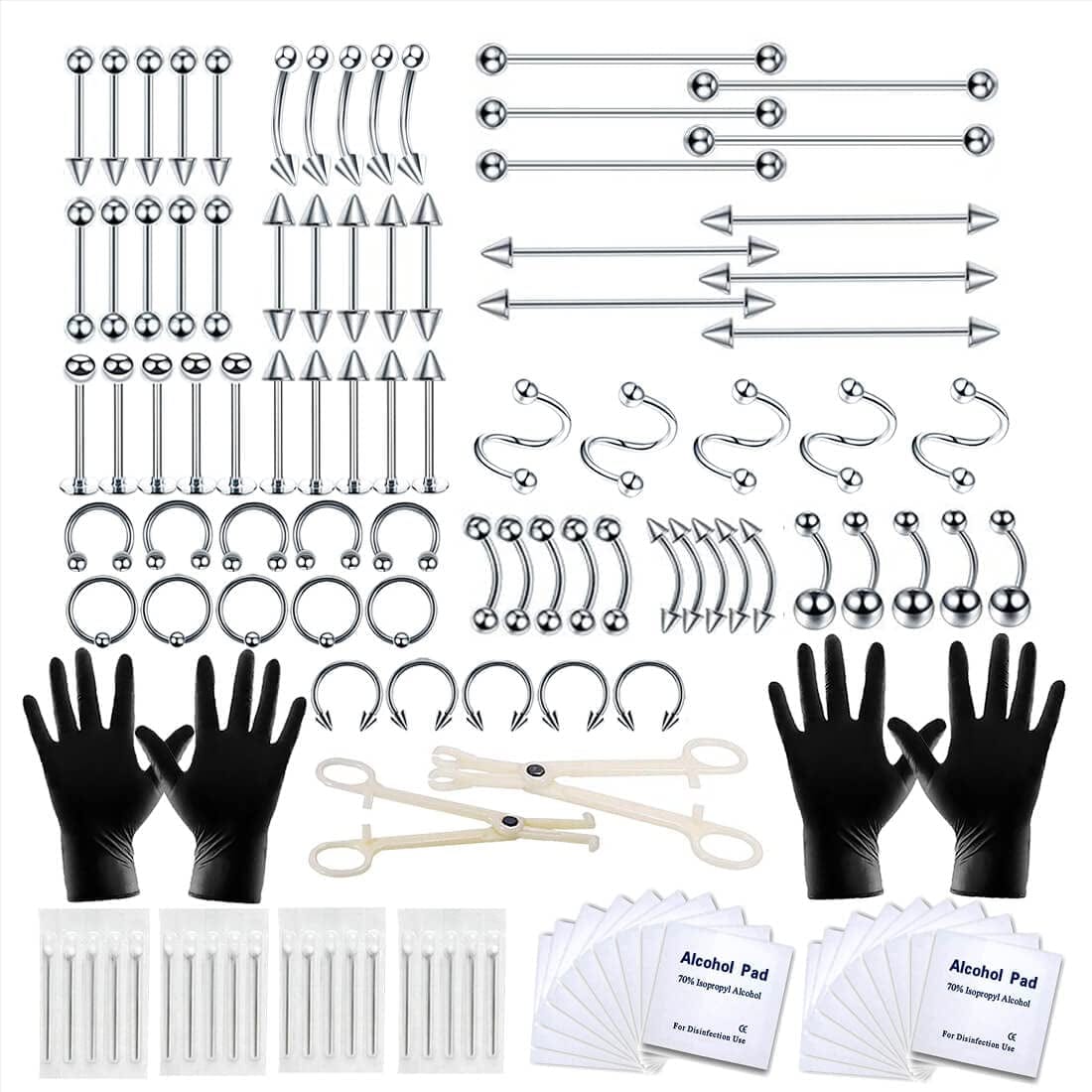 94PCS Mixed-Pack Piercing Kits for All Body Piercings Stainless Steel 14G 16G 20G Jewelry and Piercing Needle with Piercing Tools 10Pcs Alcohol Pad for Nose Septum Lip Ear Belly Button Cartilage Tragus Apparel & Accessories > Jewelry > Body Jewelry Tustrion 121PCS