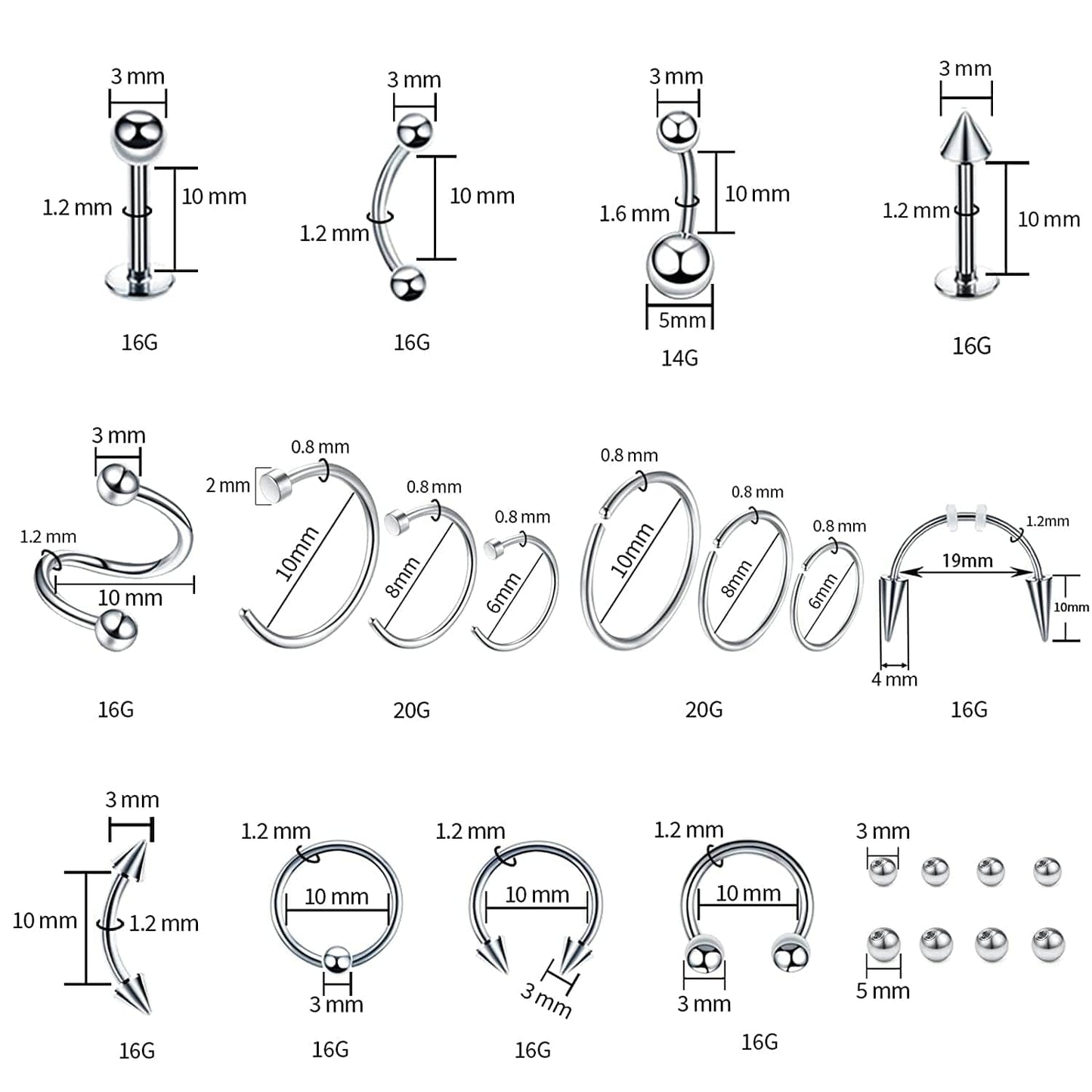 94PCS Mixed-Pack Piercing Kits for All Body Piercings Stainless Steel 14G 16G 20G Jewelry and Piercing Needle with Piercing Tools 10Pcs Alcohol Pad for Nose Septum Lip Ear Belly Button Cartilage Tragus Apparel & Accessories > Jewelry > Body Jewelry Tustrion