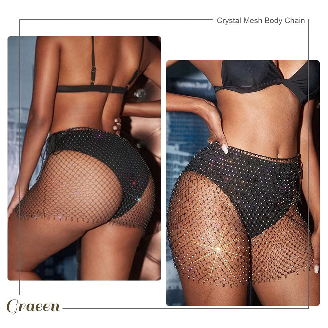 Graeen Chain Skirts Mesh Crystal Skirt Black Rhinestone Waist Body Chain Belly Chain Summer Bikini Underwear Body Jewelry for Women and Girls(Style B-Black) Apparel & Accessories > Jewelry > Body Jewelry Graeen