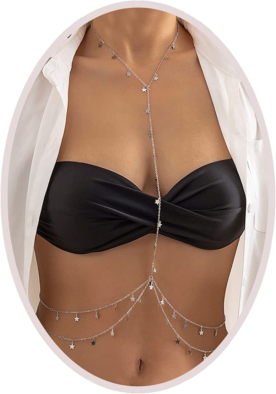 Silver/Gold Layered Waist Chains 26.7''/31.4''Adjustable Belly Chain Jewelry for Women Minimalist Beach Bikini Body Chain Apparel & Accessories > Jewelry > Body Jewelry Otxas silver-body chain-Star