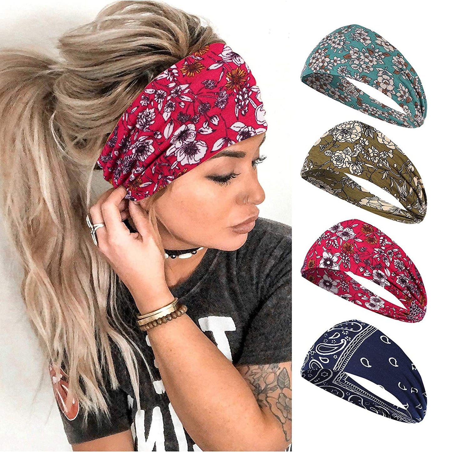 Vemalo Wide Headbands for Women, Boho Bandeau Head Bands, Workout Head Wraps, Stretch No Slip Hair Wraps Pack of 4 (Stylish) Apparel & Accessories > Clothing Accessories > Bandanas & Headties Vemalo Gorgeous