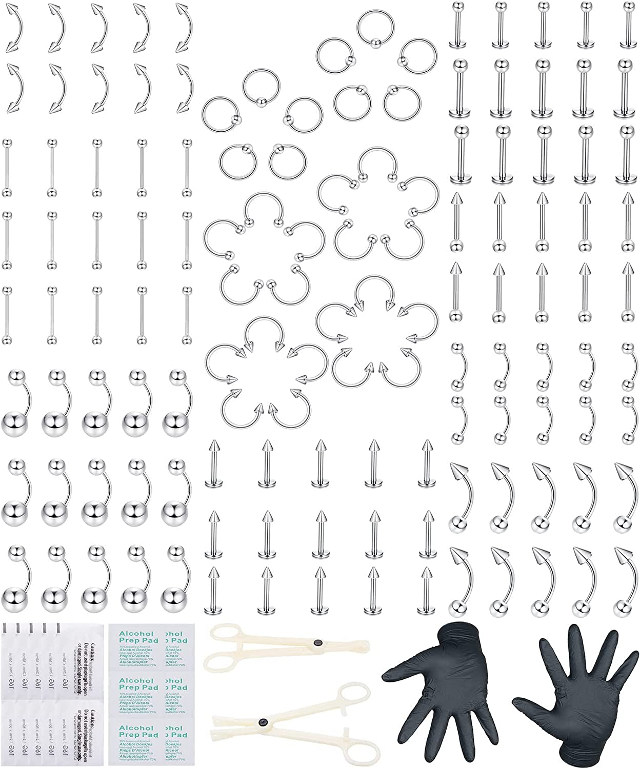 Ubjuliwa 148Pcs - 185Pcs Body Piercing Jewelry for All Piercings, Tongue Nipple Rings Eyebrow Lip Belly Button Barbell Nose Piercing Tragus Navel Body Jewelry for Women Piercings 14G-18G Apparel & Accessories > Jewelry > Body Jewelry Ubjuliwa style3