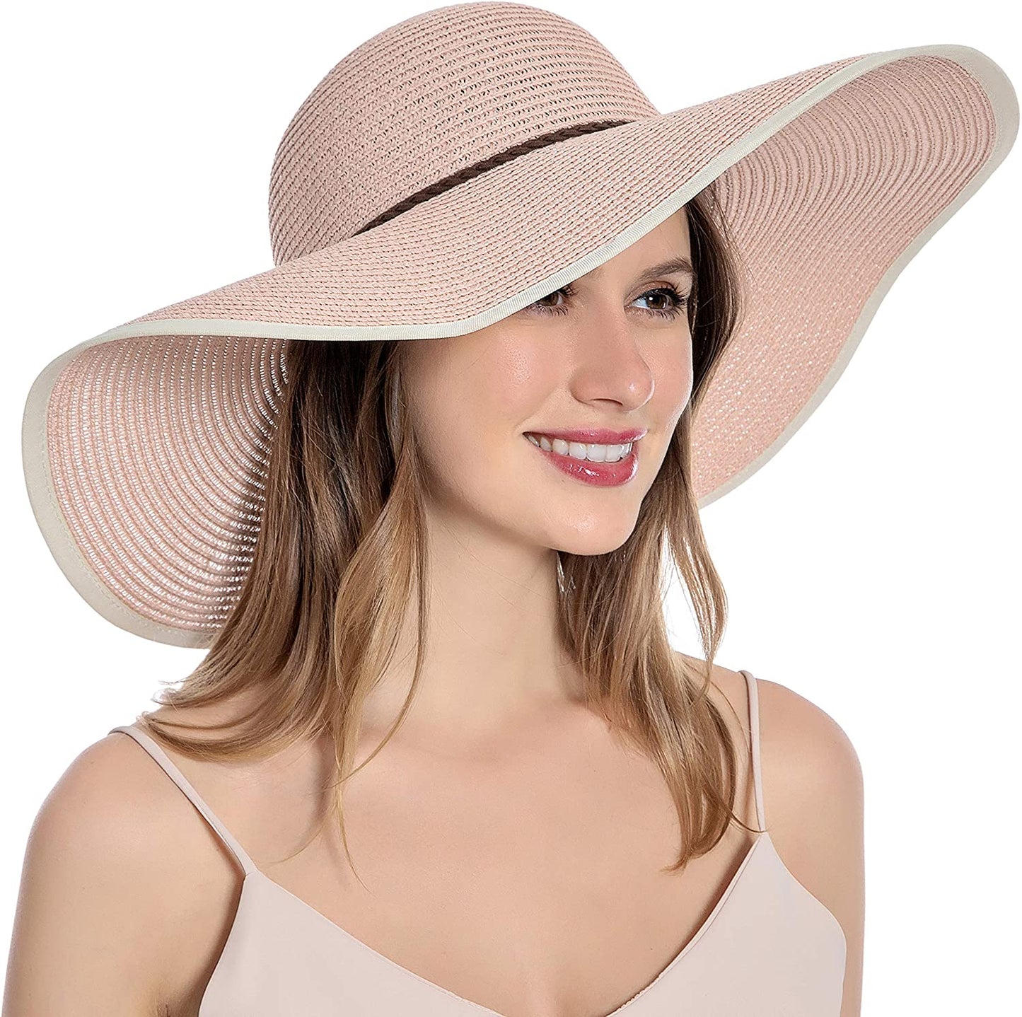 Muryobao Womens Sun Straw Hat Wide Brim UV UPF 50 Summer Hat Foldable Roll up Floppy Beach Cap for Women Apparel & Accessories > Clothing Accessories > Hats Muryobao Pink