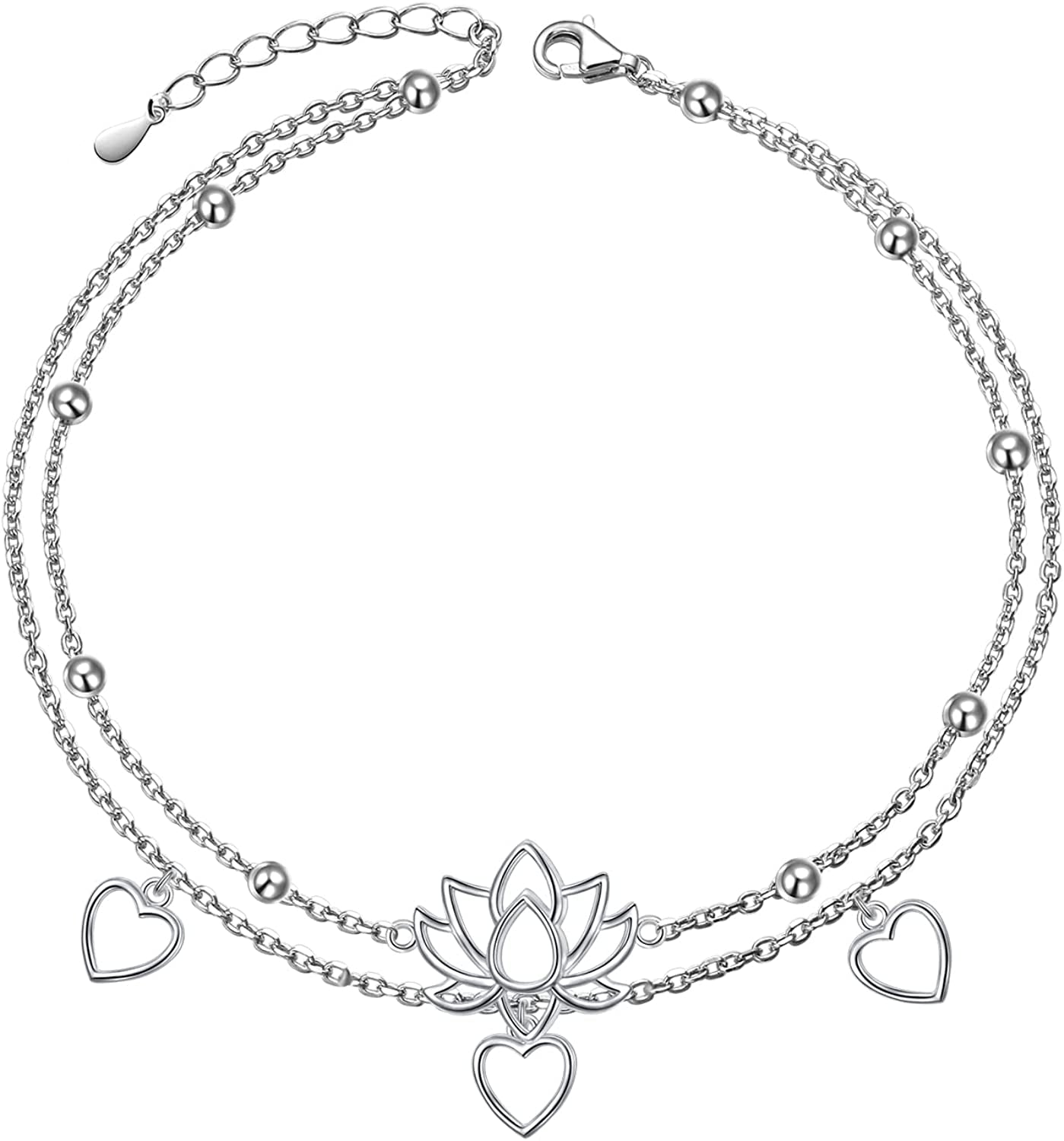 Flyow Anklet for Women S925 Sterling Silver Adjustable Foot Beaded Heart Charm Ankle Bracelet Anklets Jewelry Apparel & Accessories > Jewelry > Anklets FLYOW lotus