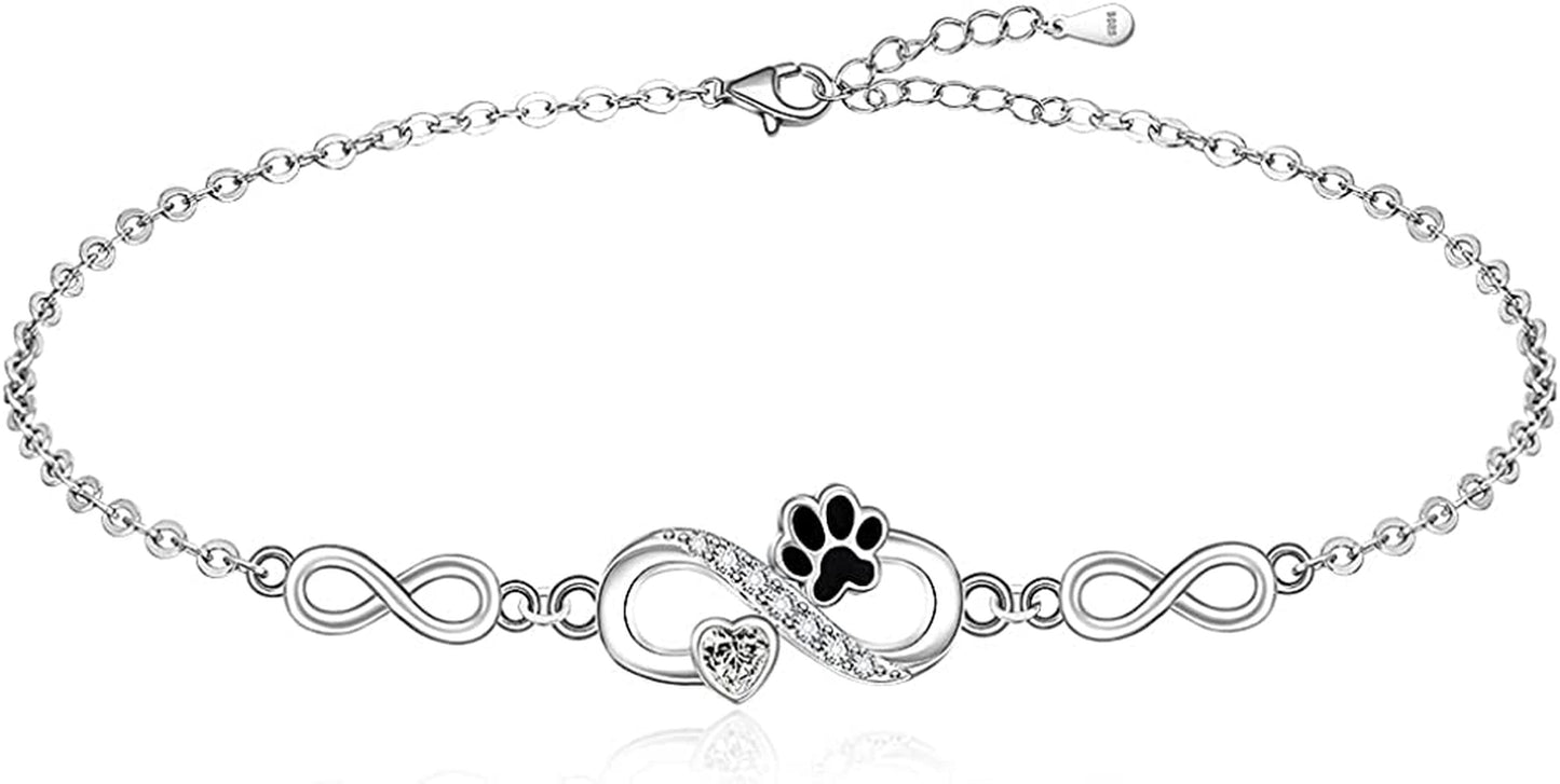 Paw Print Anklet S925 Sterling Silver Infinity Heart Puppy Dog Cat Ankle Bracelets for Women Girls Beach Pet Barefoot Paws Hawaiian Boho Cute Adjustable Anklets Mothers Day Gifts Apparel & Accessories > Jewelry > Anklets Fenthring