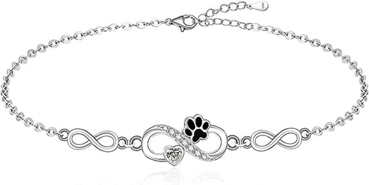 Paw Print Anklet S925 Sterling Silver Infinity Heart Puppy Dog Cat Ankle Bracelets for Women Girls Beach Pet Barefoot Paws Hawaiian Boho Cute Adjustable Anklets Mothers Day Gifts Apparel & Accessories > Jewelry > Anklets Fenthring