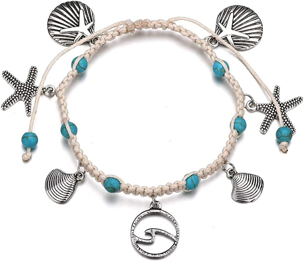 Softones Blue Starfish Turtle Anklet Multilayer Charm Beads Sea Handmade Boho Anklet Foot Jewelry for Women Girl Apparel & Accessories > Jewelry > Anklets Softones L:Shell Wave Starfish