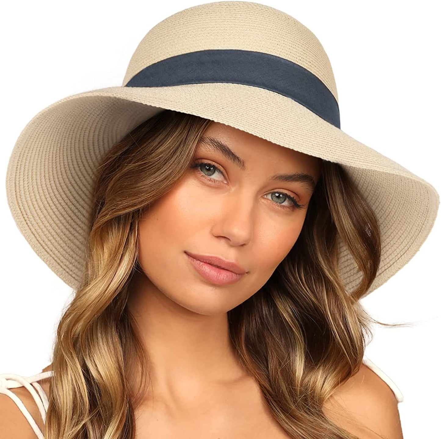 FURTALK Sun Hats for Women Wide Brim Straw Hat Beach Hat UPF UV Foldable Packable Cap for Travel Apparel & Accessories > Clothing Accessories > Hats KYLIE MAX Beige+blue Ribbon Medium