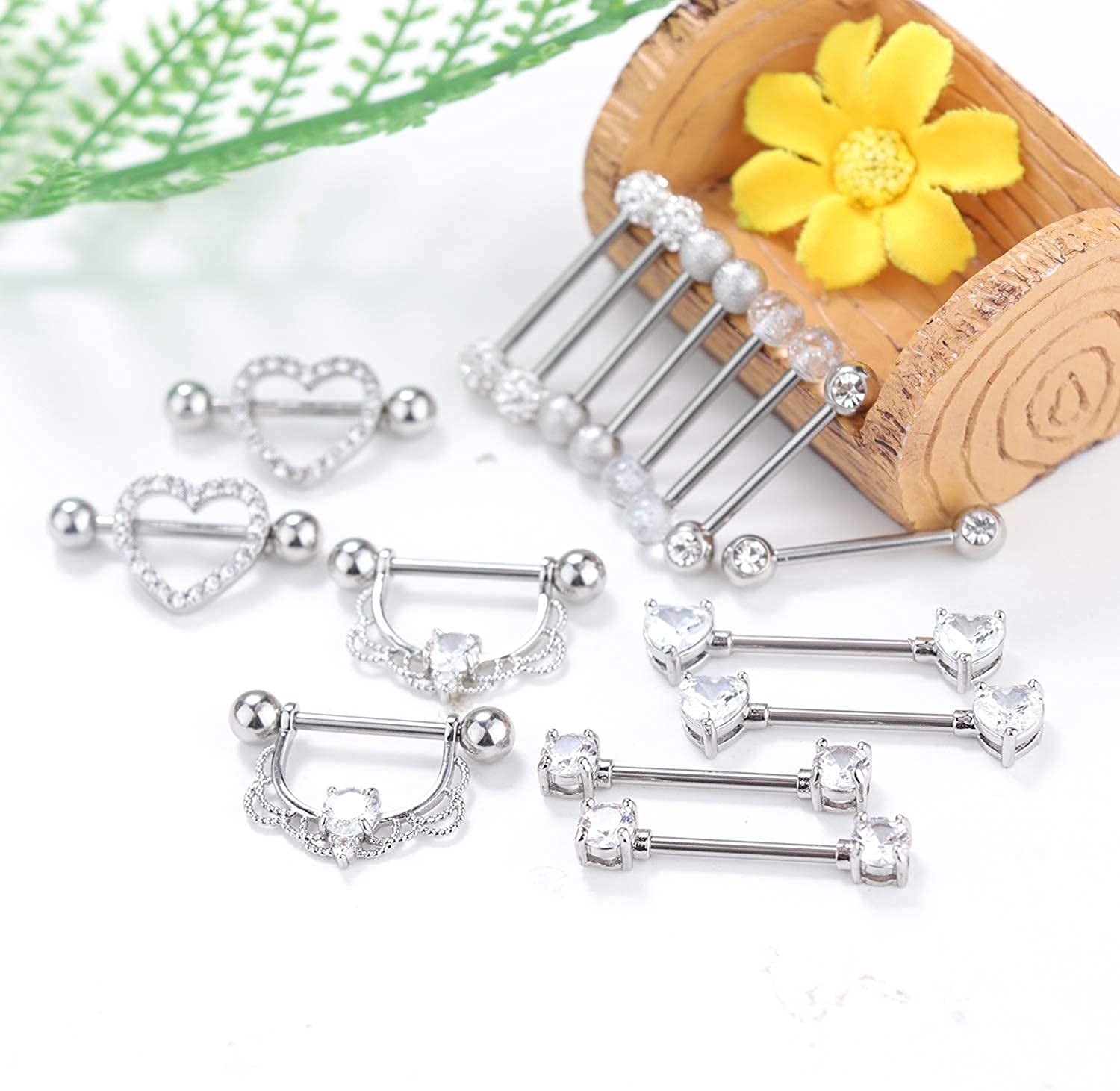 FINREZIO 6-8 Pairs 14G Nipple Rings 316L Surgical Steel Heart CZ Tongue Barbell Body Piercing Shield Ring Set 5/8 Inches Apparel & Accessories > Jewelry > Body Jewelry FINREZIO