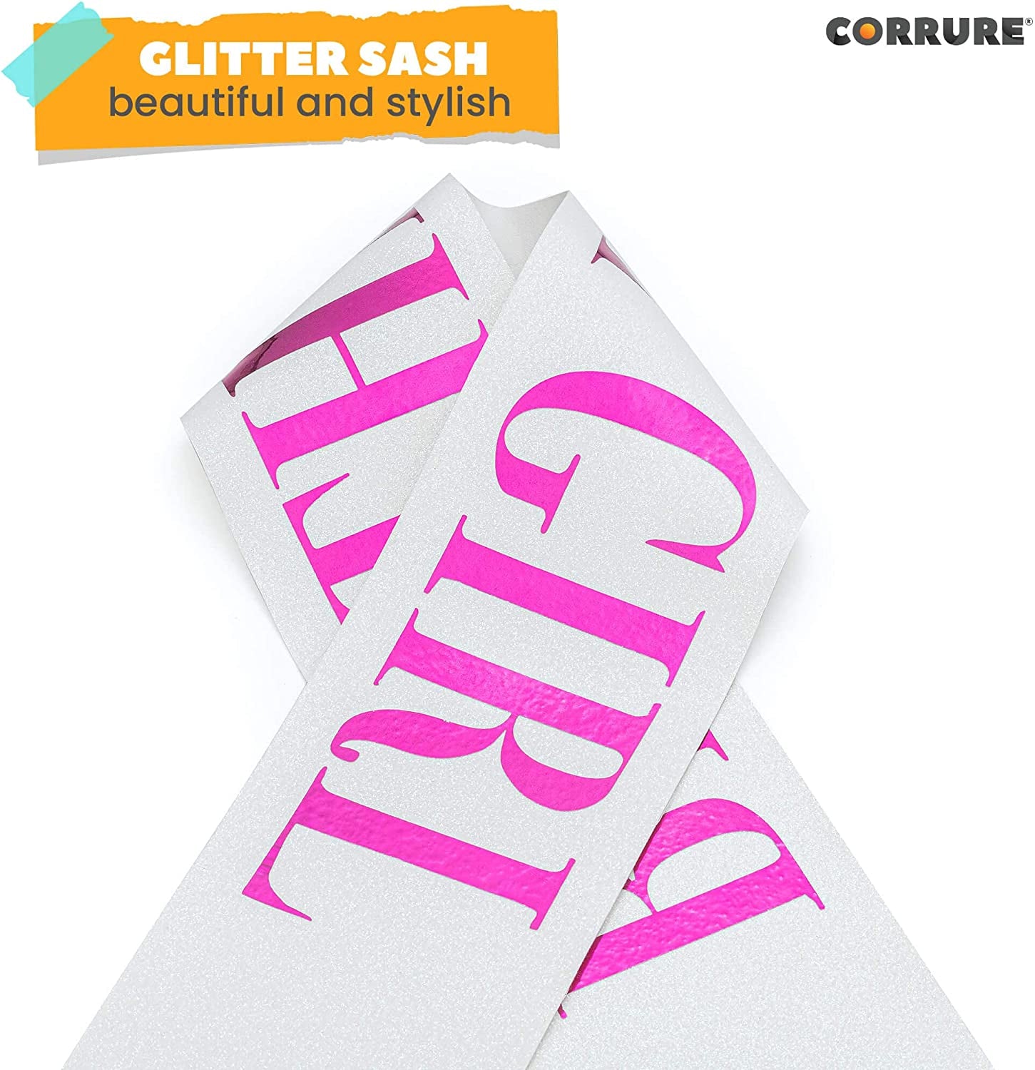 CORRURE 'Birthday Girl' Sash Glitter with Pink Foil - White Glitter Happy Birthday Sash for Women - Party Favors Supplies and Decorations for Sweet 16, 18Th 21St 30Th 40Th or Any Bday Party Apparel & Accessories > Clothing Accessories > Sashes CORRURE