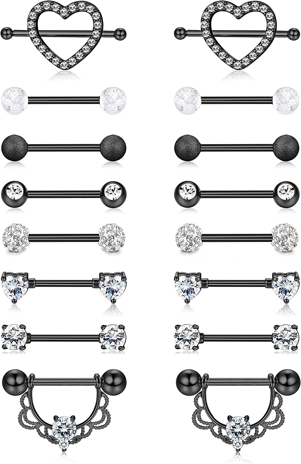 FINREZIO 6-8 Pairs 14G Nipple Rings 316L Surgical Steel Heart CZ Tongue Barbell Body Piercing Shield Ring Set 5/8 Inches Apparel & Accessories > Jewelry > Body Jewelry FINREZIO Black