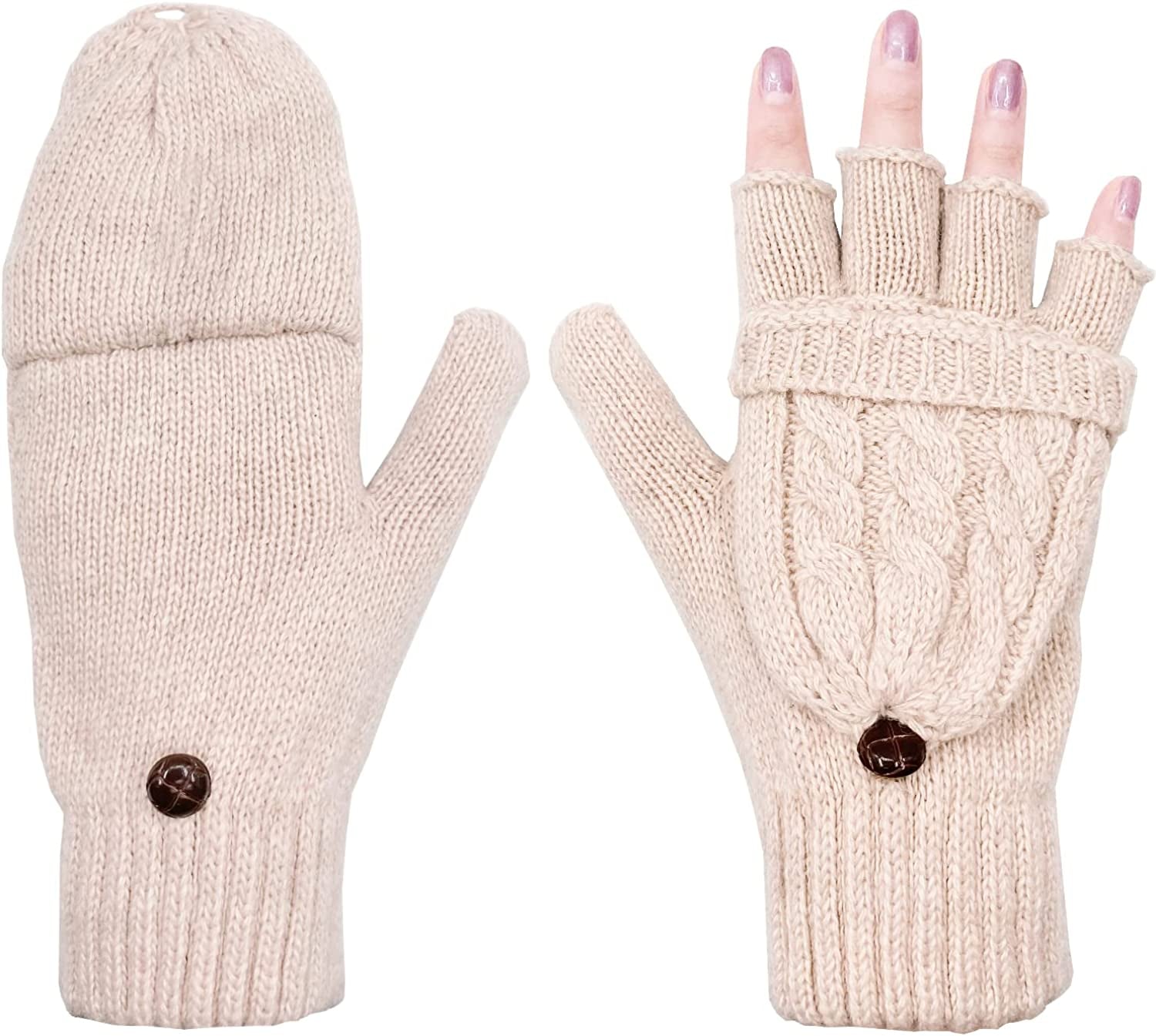 Beurlike Women'S Winter Gloves Warm Wool Knitted Convertible Fingerless Mittens Apparel & Accessories > Clothing Accessories > Gloves & Mittens Beurlike Beige