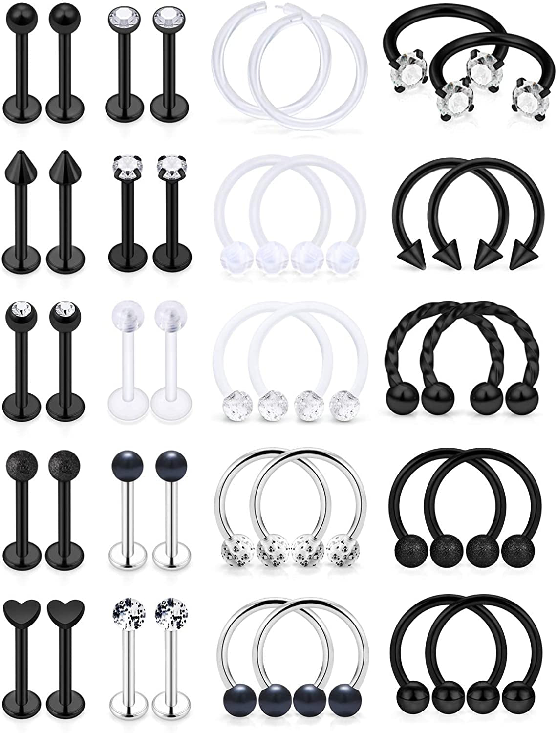 Hoeudjo 16G Surgical Steel Lip Rings Clear Diamond CZ Labret Studs Tragus Horseshoe Ring Helix Hoop Earring Body Jewelry Piercing Retainer for Women Men 8Mm Apparel & Accessories > Jewelry > Rings Hoeudjo 40pcs 16g black 8.0 Millimeters