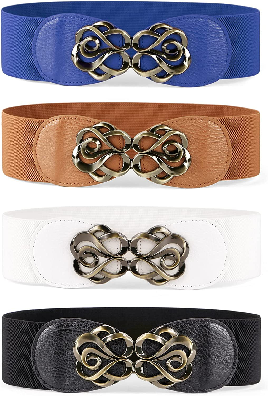 JASGOOD Women Stretchy Belt for Dresses Vintage Elastic Wide Waist Belt Apparel & Accessories > Clothing Accessories > Belts KYLIE MAX I-black+brown+white+blue Suit for waist size 44"-49"