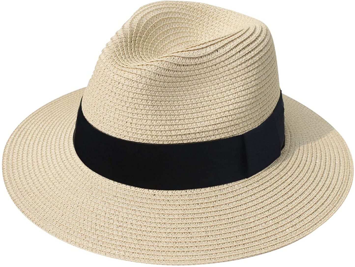 DRESHOW Women Straw Panama Hat Fedora Beach Sun Hat Wide Brim Straw Roll up Hat UPF 50+ Apparel & Accessories > Clothing Accessories > Hats DRESHOW Fedora a Beige