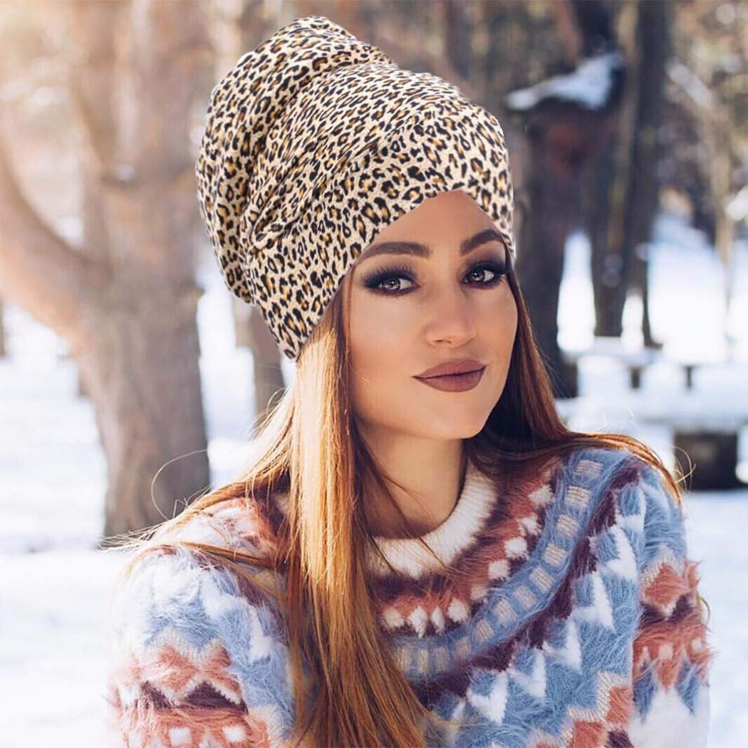 Woeoe African Turban Head Wrap Leopard Print Soft Head Scarf Stretch Head Cover Beanie Cap Headwear for Women and Girls Apparel & Accessories > Clothing Accessories > Headwear Woeoe
