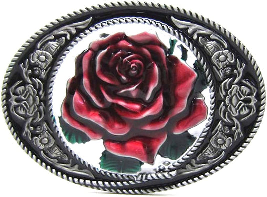 MASOP VOGU Vintage Oval Flower Rose Belt Buckle Cowgirl Girl Mens Rodeo Floral Metal Apparel & Accessories > Clothing Accessories > Belts MASOP VOGU Red