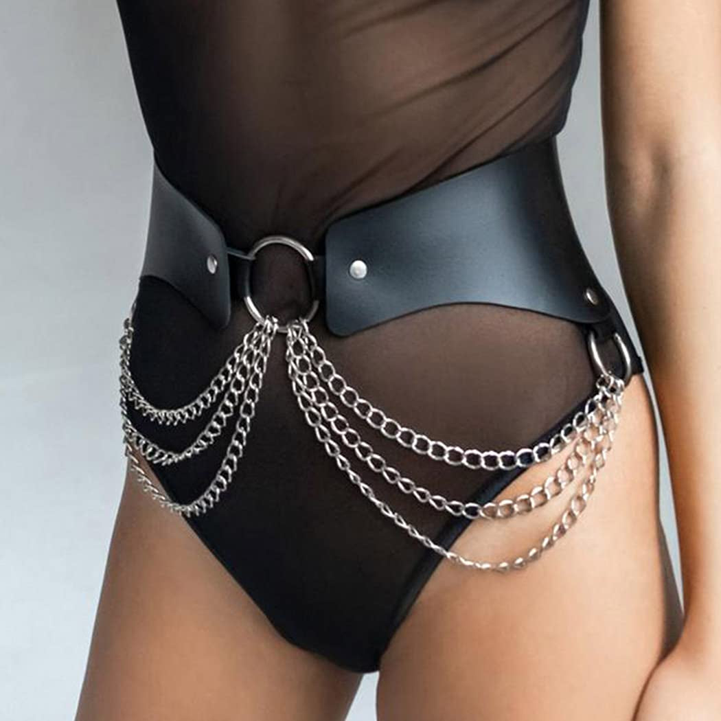 Reetan Punk Body Chains Black Layered Waist Chain Leather Belt Belly Chains Rave Party Body Jewelry Accessories for Women and Girls (1) Apparel & Accessories > Jewelry > Body Jewelry REETAN 5