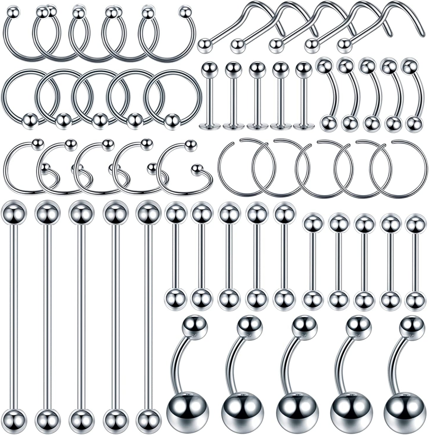 Oveta 55-150PCS Body Piercing Jewelry Lot 14G 16G 20G Stainless Steel Nose Lip Tongue Cartilage Tragus Eyebrow Industrial Barbell Belly Button Rings Piercing Kit Jewelry Apparel & Accessories > Jewelry > Body Jewelry Oveta 55pcs-Silver