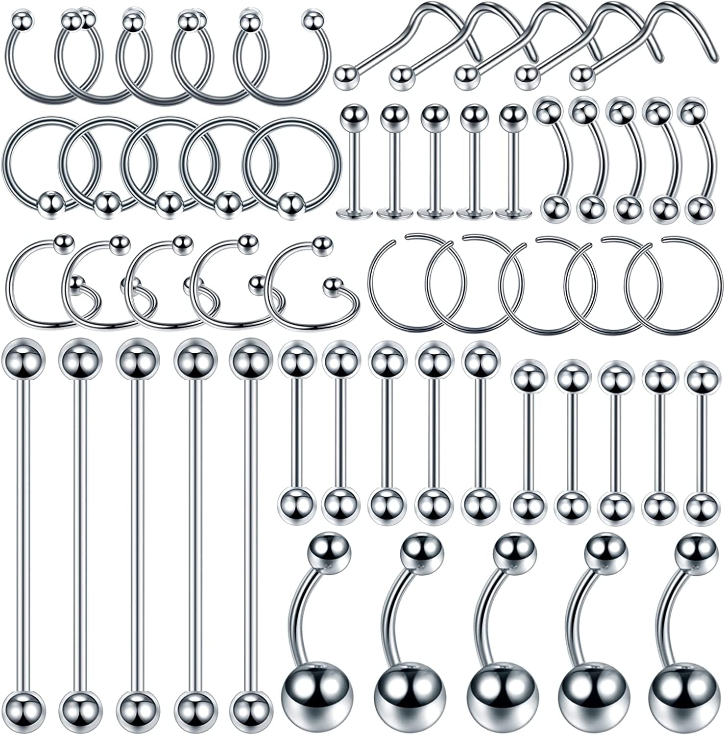 Oveta 55-150PCS Body Piercing Jewelry Lot 14G 16G 20G Stainless Steel Nose Lip Tongue Cartilage Tragus Eyebrow Industrial Barbell Belly Button Rings Piercing Kit Jewelry Apparel & Accessories > Jewelry > Body Jewelry Oveta 55pcs-Silver