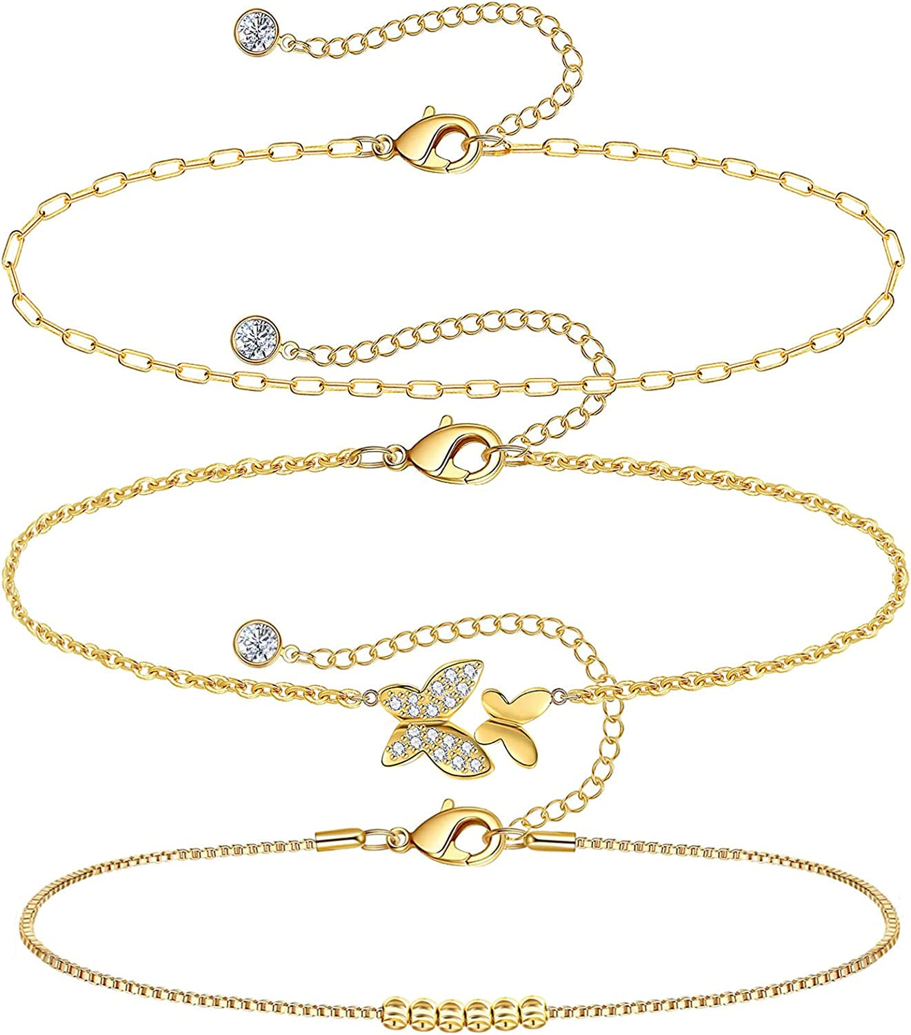 Gold Ankle Bracelets for Women 14K Gold Plated Anklet Silver Tennis Butterfly Star Coin Quartz Bead Snake Paperclip Chain Dainty Layered Anklet Set 3Pcs Jewelry Gifts for Teen Girls Apparel & Accessories > Jewelry > Anklets Vermeyen G-Yellow Gold-Butterfly