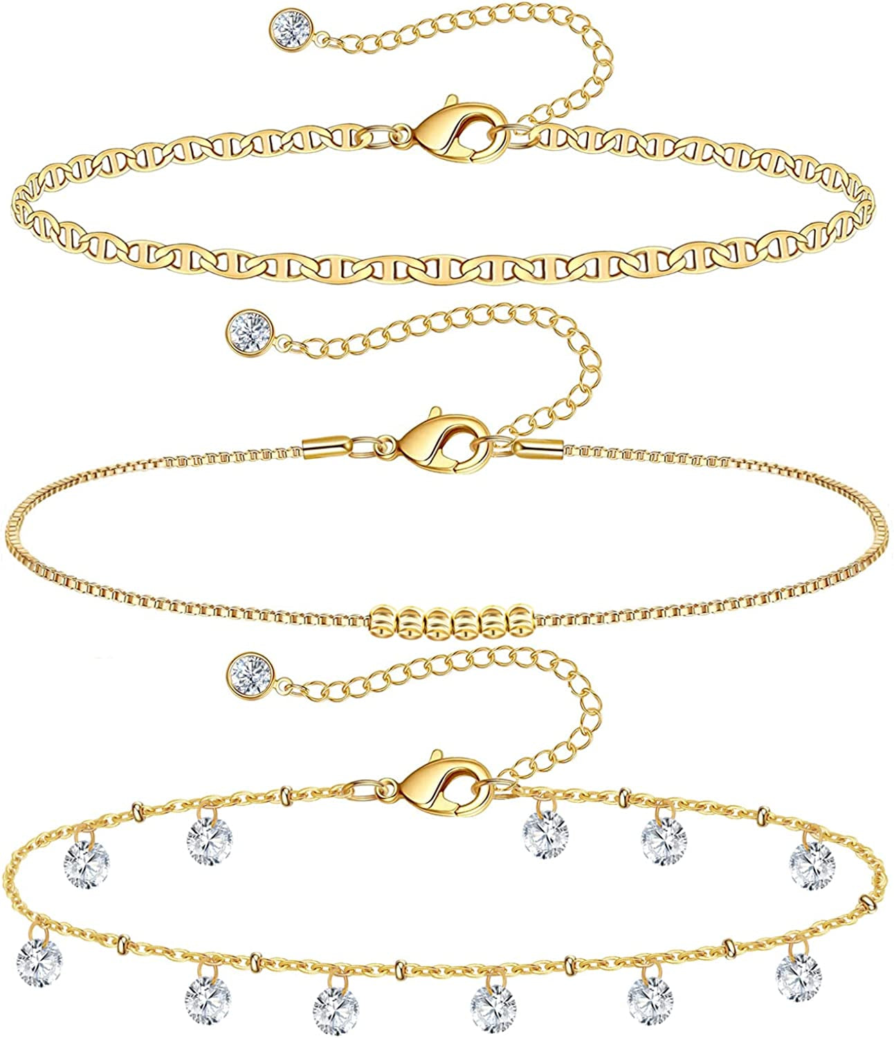 Gold Ankle Bracelets for Women 14K Gold Plated Anklet Silver Rose Gold Evil Eye Tennis Crystal Cubic Zirconia Faux Diamond Rhinestone Anklet Dainty Layered Anklet Set 3Pcs Apparel & Accessories > Jewelry > Anklets Vermeyen D-Yellow Gold Flat Mariner