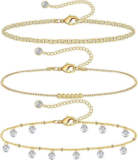 Gold Ankle Bracelets for Women 14K Gold Plated Anklet Silver Rose Gold Evil Eye Tennis Crystal Cubic Zirconia Faux Diamond Rhinestone Anklet Dainty Layered Anklet Set 3Pcs Apparel & Accessories > Jewelry > Anklets Vermeyen D-Yellow Gold Flat Mariner
