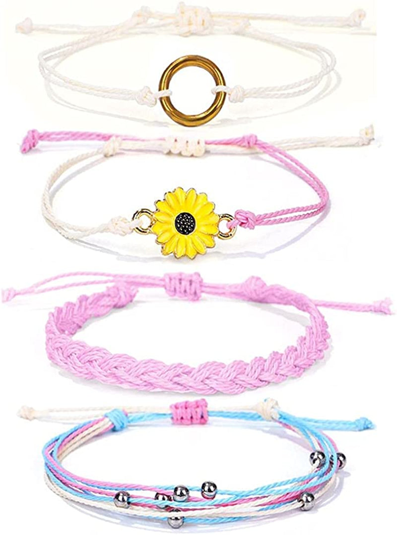 Caiyao 4 Pcs Summer Surfer Wave Anklet Bracelets Adjustable Strand Braided String Rope Bracelets Waterproof Handmade Sunflower Bracelets Anklets Jewelry for Women Teen Girls Apparel & Accessories > Jewelry > Anklets InShine Pink