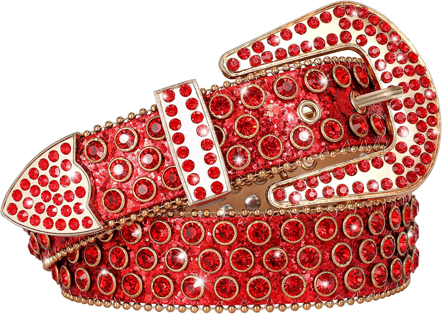 Men Women Fashion Rhinestone Belt SUOSDEY Western Cowgirl Bling Studded Design Leather Diamond Belt for Jeans Dress Apparel & Accessories > Clothing Accessories > Belts SUOSDEY 06-red XL:fits waist size 43''-47''