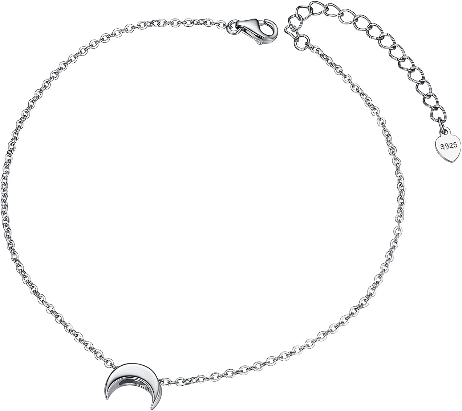 Chainspro Womens S925 Sterling Silver Adjustable Anklet, Heart/Moon/Handcuff Ankle Bracelet,Summer Foot Jewelry, Stainless Steel/Gold Plated(Send Gift Box) Apparel & Accessories > Jewelry > Anklets ChainsPro 1-moon-silver