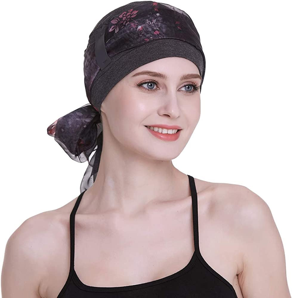 Elegant Chemo Cap with Silky Scarfs for Cancer Women Hair Loss Sleep Beanie Apparel & Accessories > Clothing Accessories > Headwear FocusCare Dark Health Grey