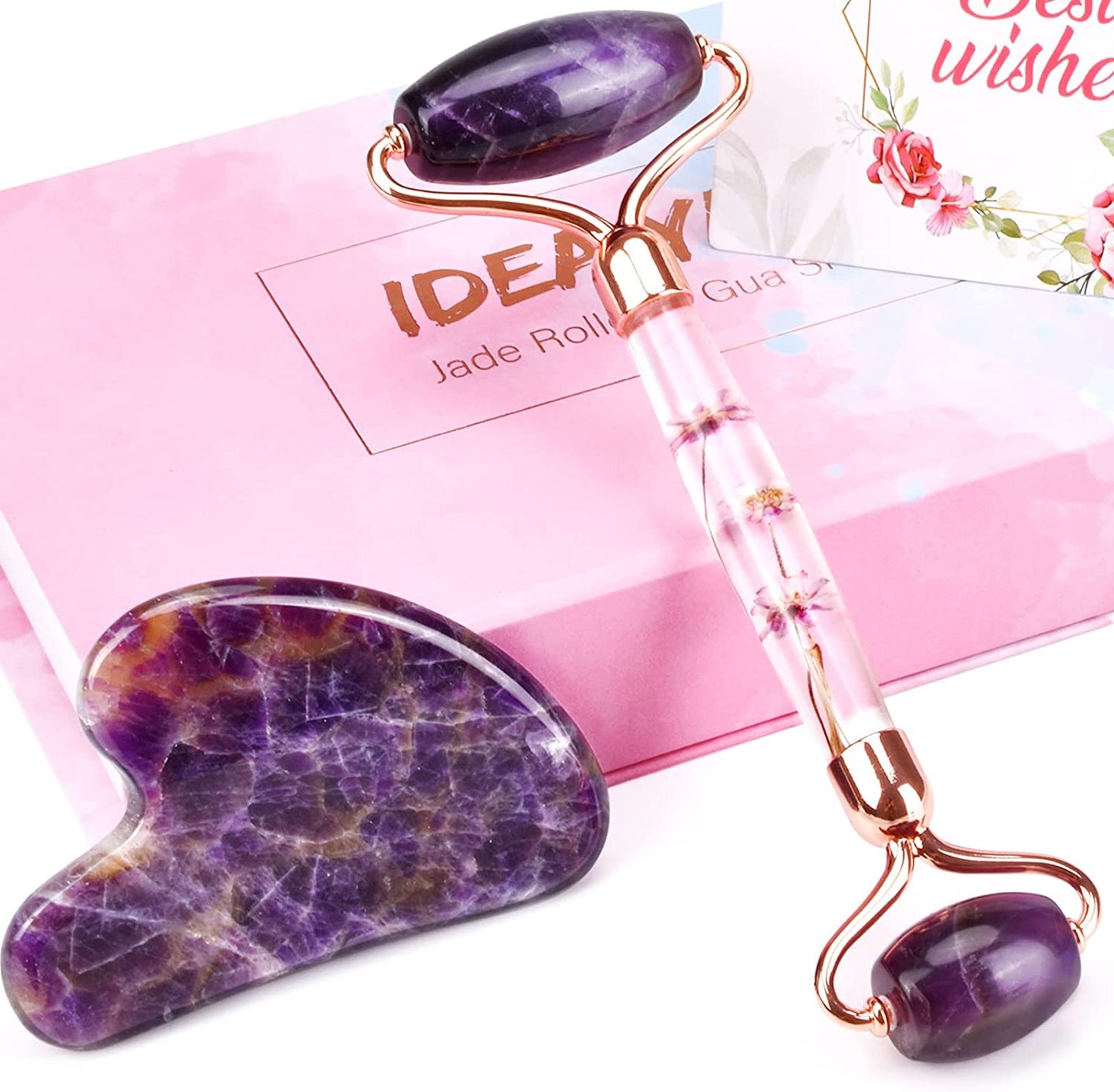 Ideayard Face Roller and Gua Sha Set - Jade Roller anti Aging Massager Tool - Natural Jade Roller for Face and Guasha Stone for Body - Beauty Roller Skin Care Tools Kit for Slimming & Firming Health & Beauty > Personal Care > Cosmetics > Cosmetic Tools > Skin Care Tools ideayard Purple-flower set
