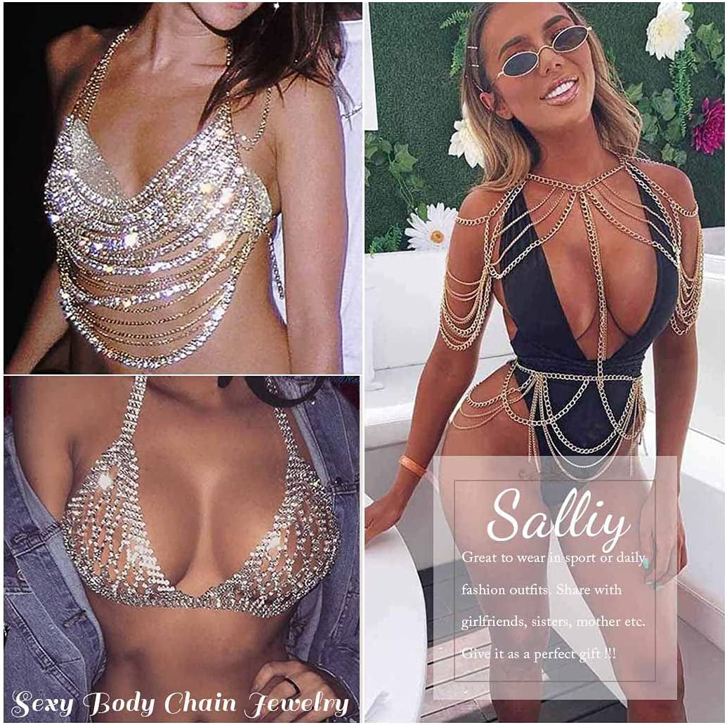 Salliy Boho Body Chain Bra Silver Sexy Rhinestone Bikini Bra Body Halter Backless Sequins Chain Bra Beach Body Accessories Jewelry for Women and Girls (A) Apparel & Accessories > Jewelry > Body Jewelry Salliy