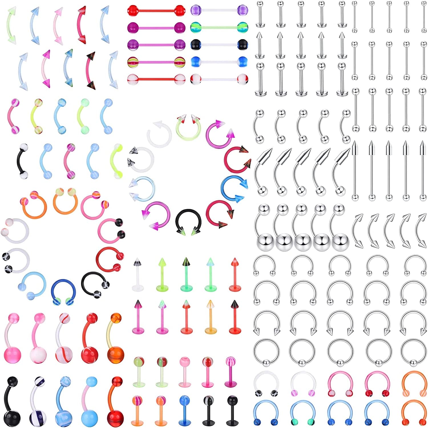 Ubjuliwa 148Pcs - 185Pcs Body Piercing Jewelry for All Piercings, Tongue Nipple Rings Eyebrow Lip Belly Button Barbell Nose Piercing Tragus Navel Body Jewelry for Women Piercings 14G-18G Apparel & Accessories > Jewelry > Body Jewelry Ubjuliwa style4