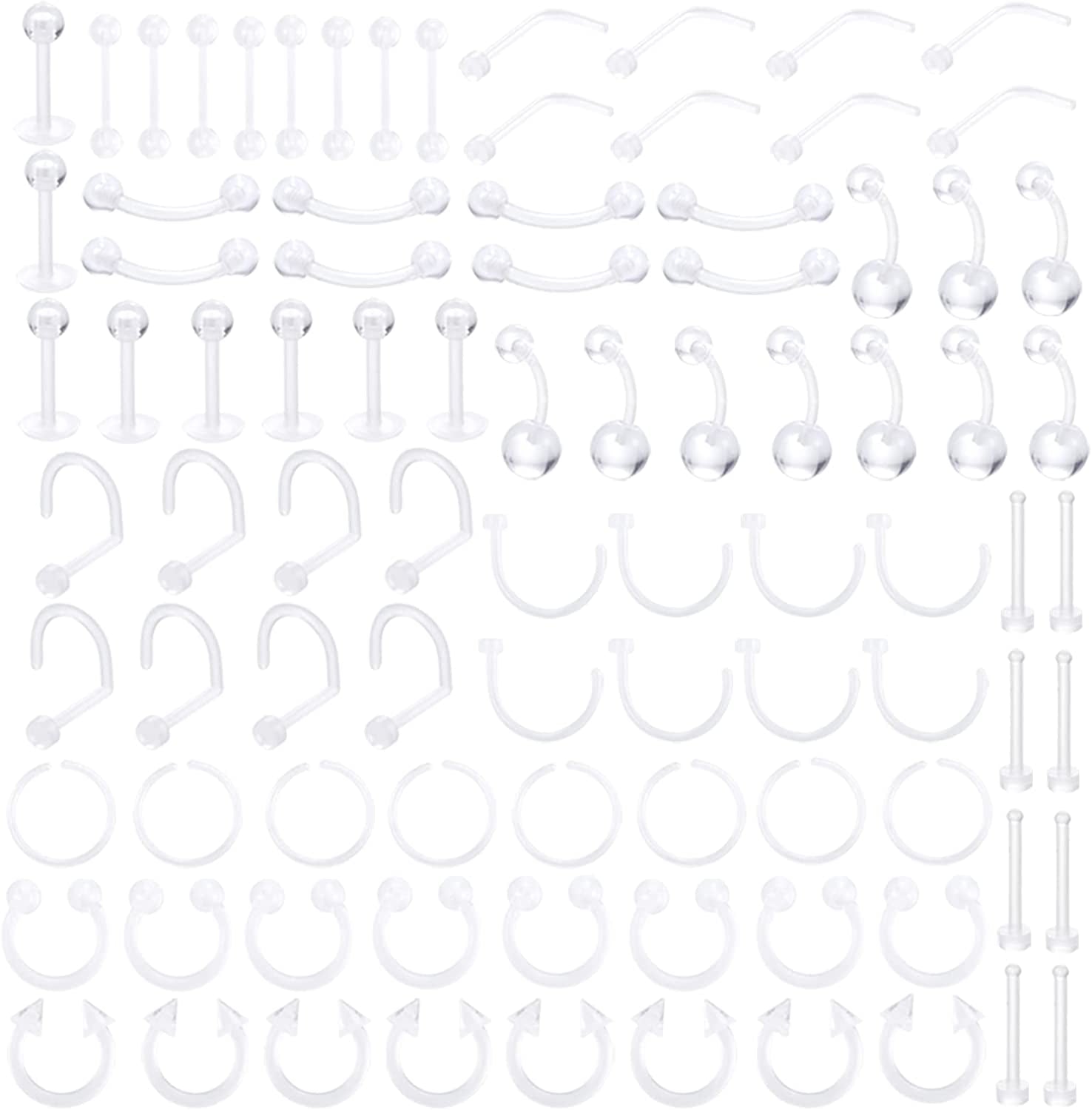Oveta Clear Piercing Retainers Flexible Bioflex 14G 16G 20G Navel Belly Button Ring Lip Labret Piercings Retainer Eyebrow Tongue Barbells Cartilage Tragus Earrings Retainer 36-90PCS Apparel & Accessories > Jewelry > Body Jewelry Oveta 90pcs