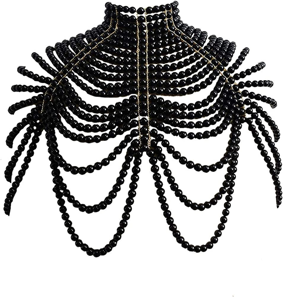 Pearl Body Chain Jewelry for Women - Fashion Handmade Pearl Body Chain Shoulder Necklace Bra Apparel & Accessories > Jewelry > Body Jewelry Maijiao Style 1-Black