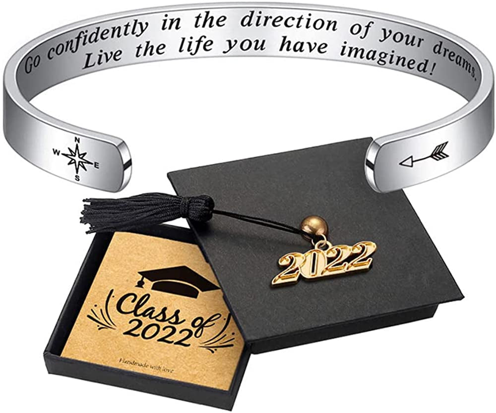 Inspirational Graduation Gifts Cuff Bracelet - Engraved Inspirational Bracelet Cuff with 2022 Graduation Grad Cap She Believed She Could so She Did Bracelet Graduation Friendship Gifts for Her 2022 Apparel & Accessories > Jewelry > Bracelets Turandoss B-Go confidently in the direction of your dreams